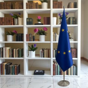Bannière UE sur socle en acier de bureau