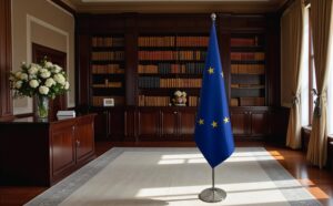Pavillon UE sur socle en acier stable