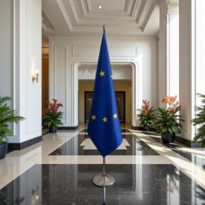 Drapeau UE sur socle en granit représentatif