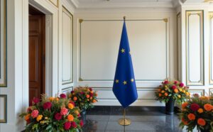 Bannière UE sur socle en inox de qualité