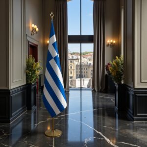Bannière Grèce sur socle en marbre institutionnel