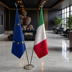 Drapeau Italie et socle en bois raffiné