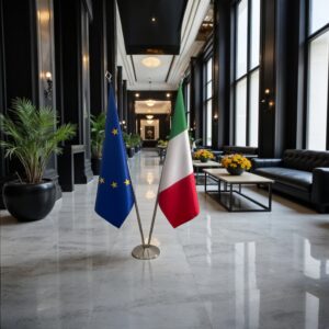 Bannière Italie et socle en inox de bureau