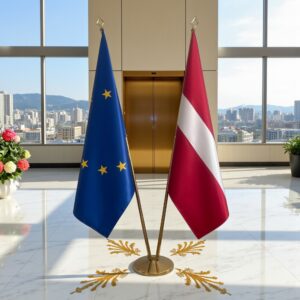Drapeau Lettonie et socle en marbre de protocole