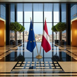 Bannière Lettonie et socle en marbre diplomatique