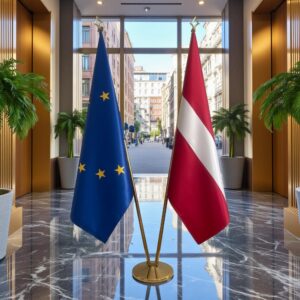 Drapeau Lettonie et socle en marbre moderne