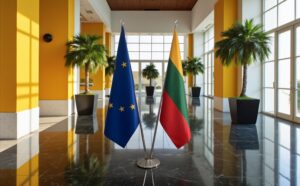 Bannière Lituanie et socle en bois de protocole