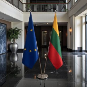 Drapeau Lituanie et socle en bois raffiné