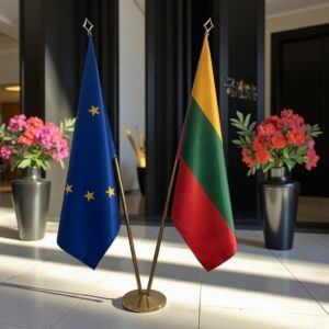 Drapeau Lituanie et socle en marbre stable