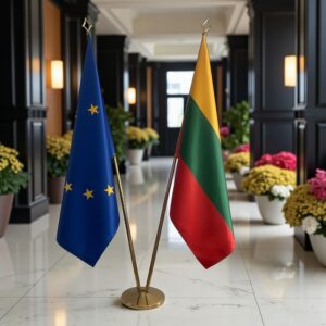 Bannière Lituanie et socle en marbre institutionnel