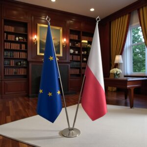 Drapeau Pologne et socle en marbre robuste