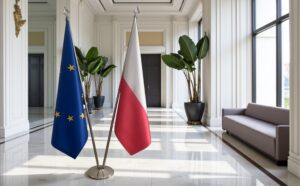 Drapeau Pologne et socle en marbre de protocole
