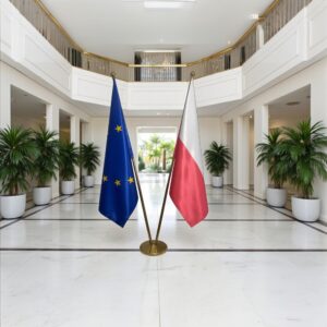 Bannière Pologne sur socle en marbre de qualité
