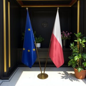 Bannière Pologne sur socle en bois stable