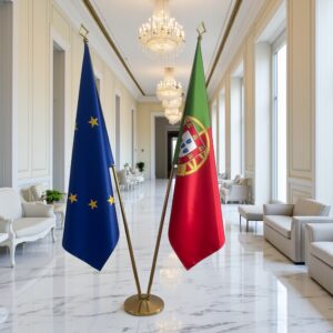 Bannière Portugal et socle en marbre institutionnel