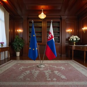 Bannière Slovaquie sur socle en marbre institutionnel