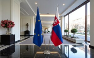 Bannière Slovaquie sur socle en marbre de qualité