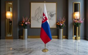 base drapeau Slovaquie avec socle en bois laqué moderne