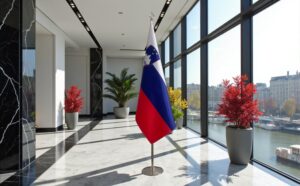 Bannière Slovenie avec socle en acier de prestige