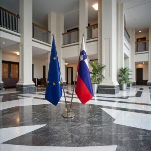 base drapeau Slovenie avec socle en inox noire de bureau