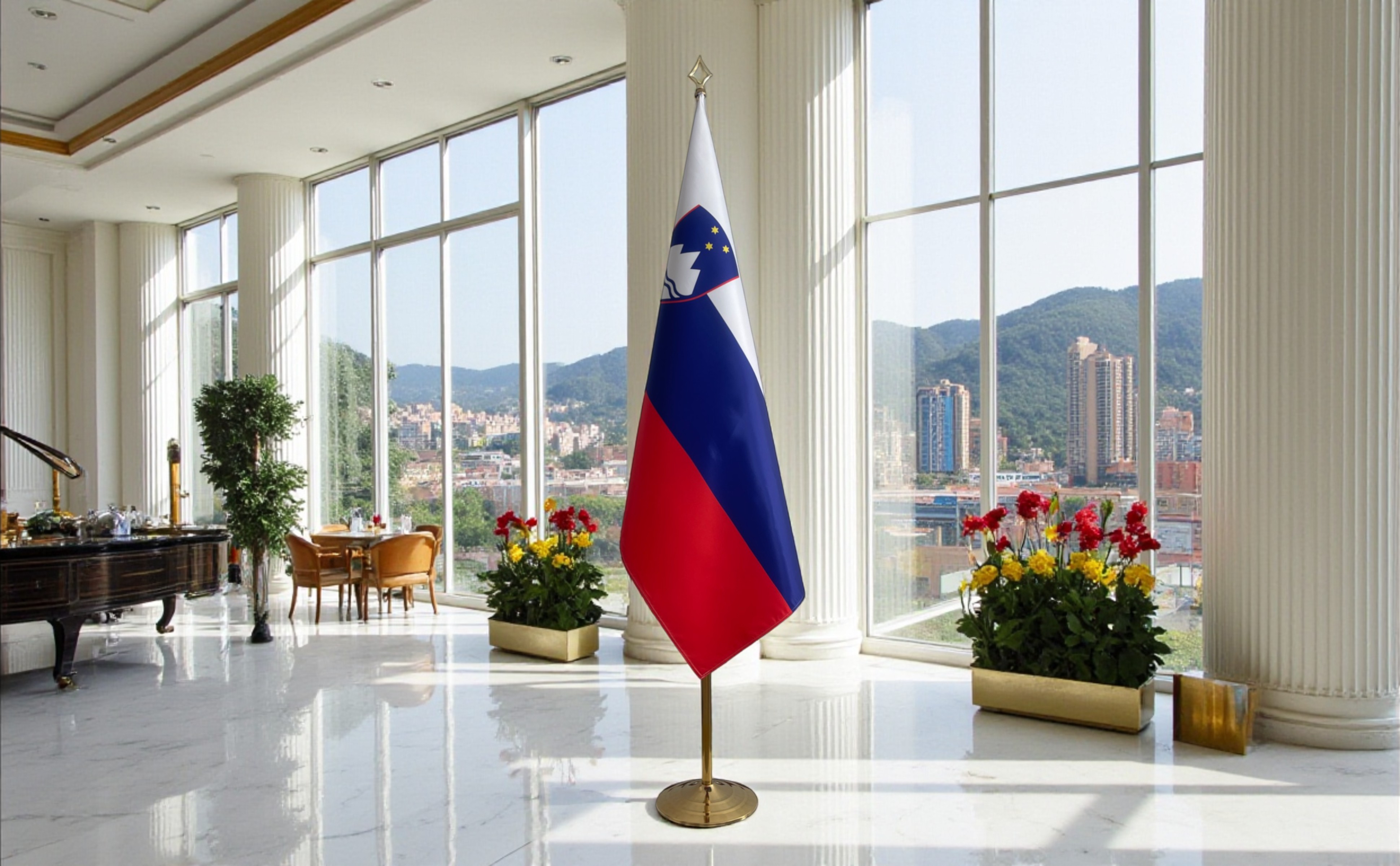 Bannière Slovenie avec socle en granit robuste