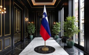 Bannière Slovenie avec socle en inox représentatif