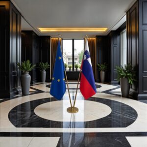 Drapeau Slovenie avec socle en bois haut de gamme