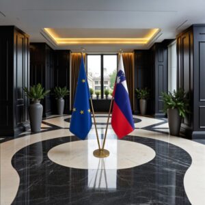 Bannière Slovenie avec socle en bois de protocole