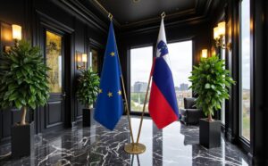 Pavillon Slovenie avec socle en marbre représentatif