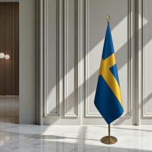 Drapeau Suède sur socle en bois représentatif