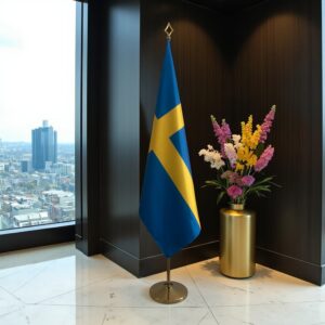 Drapeau Suède sur socle en marbre moderne