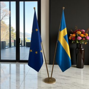 Drapeau Suède sur socle en marbre stable