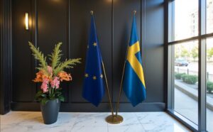 Drapeau Suède sur socle en marbre professionnel