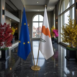 Bannière Chypre et socle en marbre classique