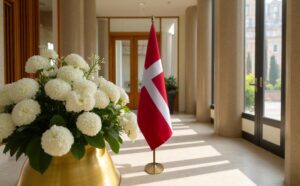 Bannière Danemark et socle en bois robuste