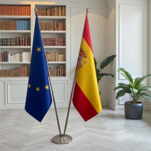 Bannière espagne et socle en bois de protocole