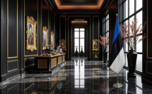 pied socle drapeau estonie sur estonie sur socle en marbre noir haut de gamme