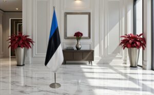 pied socle drapeau estonie sur estonie sur socle en marbre noir de cérémonie
