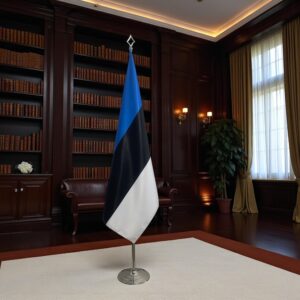 Drapeau estonie avec socle en bois représentatif