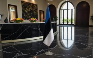 Bannière estonie avec socle en bois professionnel