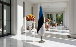 Pavillon estonie avec socle en bois de cérémonie