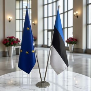 pied socle drapeau estonie sur estonie sur argenté de bureau