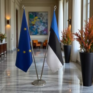 Drapeau estonie et socle en marbre robuste