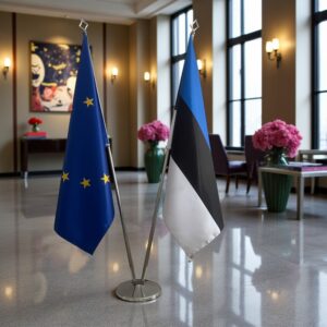 Bannière estonie et socle en marbre de cérémonie