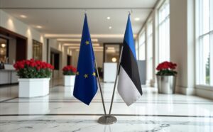 Bannière estonie et socle en bois professionnel