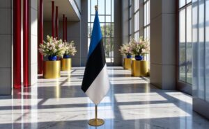 Bannière estonie et socle en marbre institutionnel