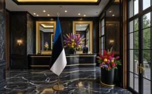 Bannière estonie sur socle en bois robuste