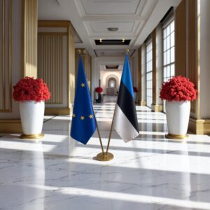 Pavillon estonie sur socle en bois institutionnel