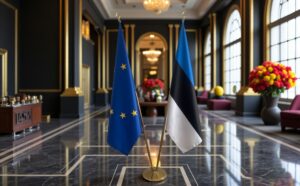 Drapeau estonie sur socle en marbre robuste