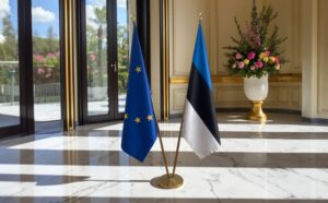 Bannière estonie sur socle en marbre institutionnel
